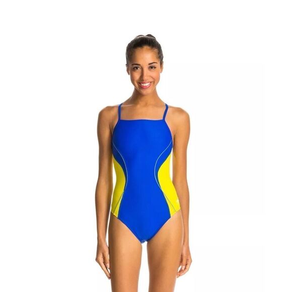 Speedo One Piece Swimsuit 12 Blue Yellow Gold Sporty PowerFlex Eco Splice Back - Picture 1 of 16